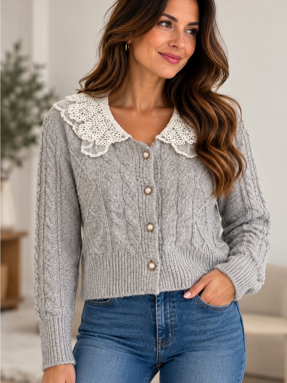 Altar'd State Gray Cable-Knit Cardigan with Lace Collar